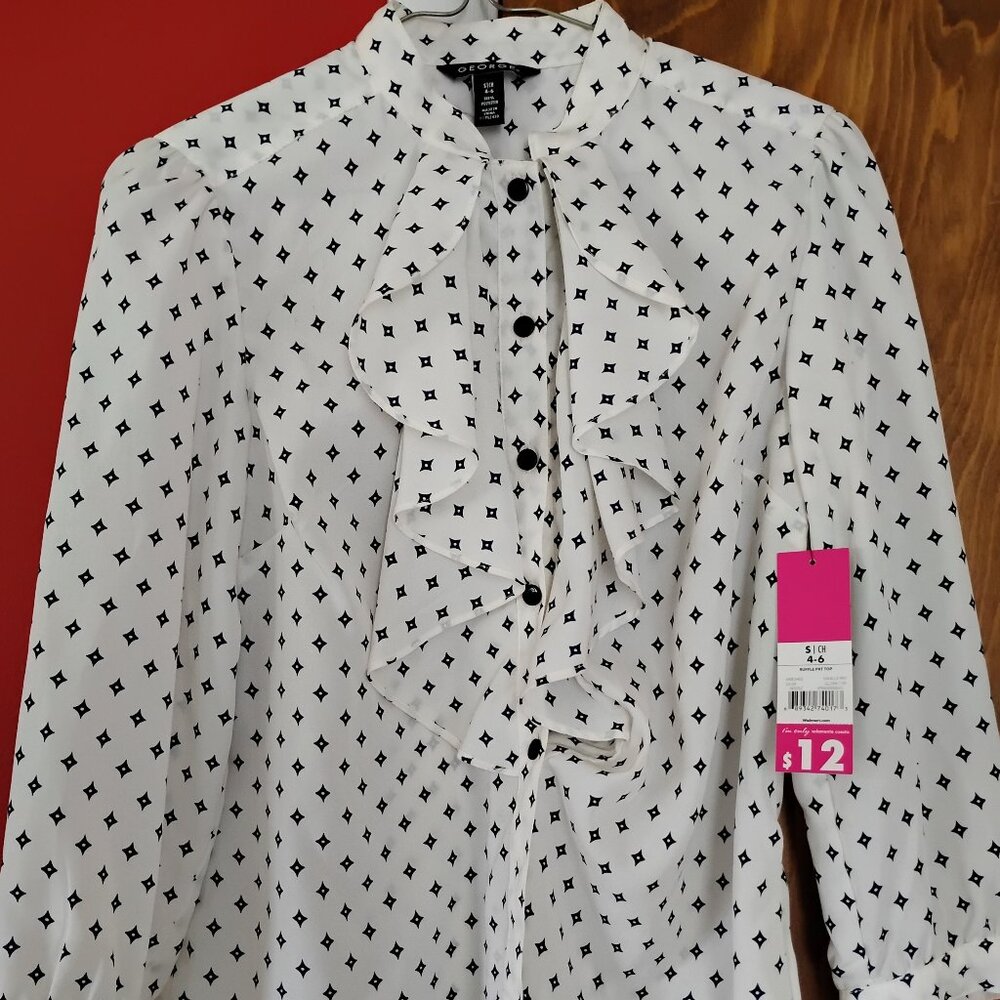 George ivory/black print ruffle blouse size S NWT